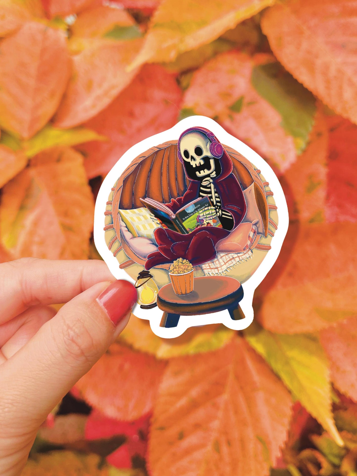 Skeleton Reading Book Sticker: Gothic Halloween Laptop Decal