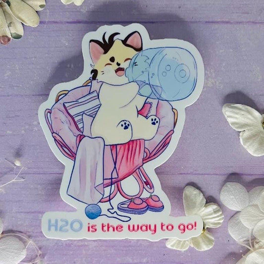 Hydration Cat Sticker | H20 Is the Way to Go Vinyl Sticker | Cute Water Reminder for Journals, Bottles, Planners | Handmade & Freebies