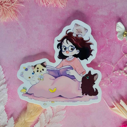Crazy Cat Lady Sticker – Bookish Girl with Cats Vinyl Sticker – Handmade Self-Care Aesthetic – Freebies Included!