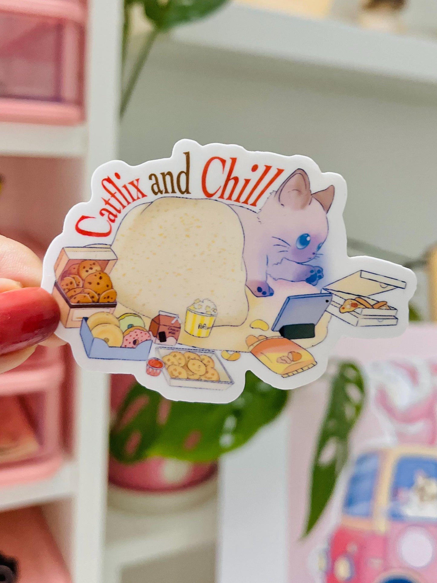 Cute Cat Sticker 3 Inch Vinyl | Catflix and Chill Funny Kawaii Cat Lover Gift | Laptop Sticker, Water Bottle Sticker, Journaling Sticker