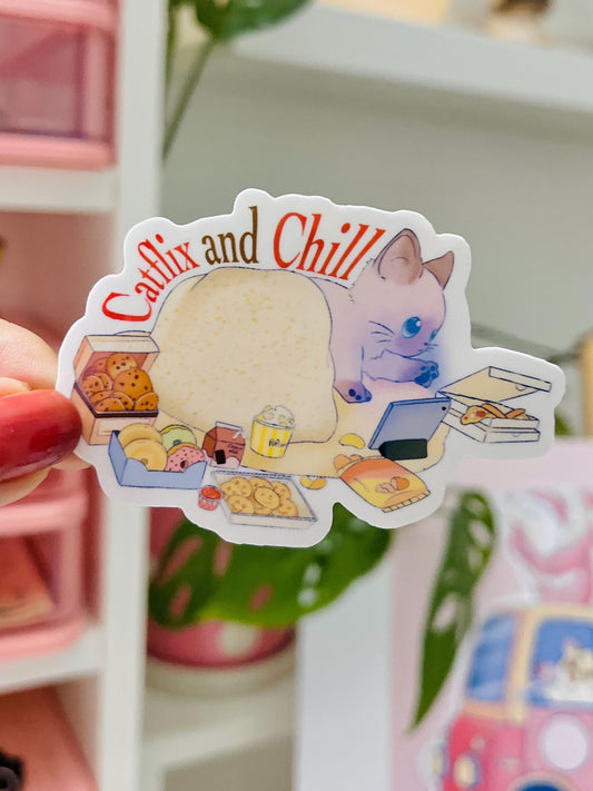 Cute Cat Sticker 3 Inch Vinyl | Catflix and Chill Funny Kawaii Cat Lover Gift | Laptop Sticker, Water Bottle Sticker, Journaling Sticker