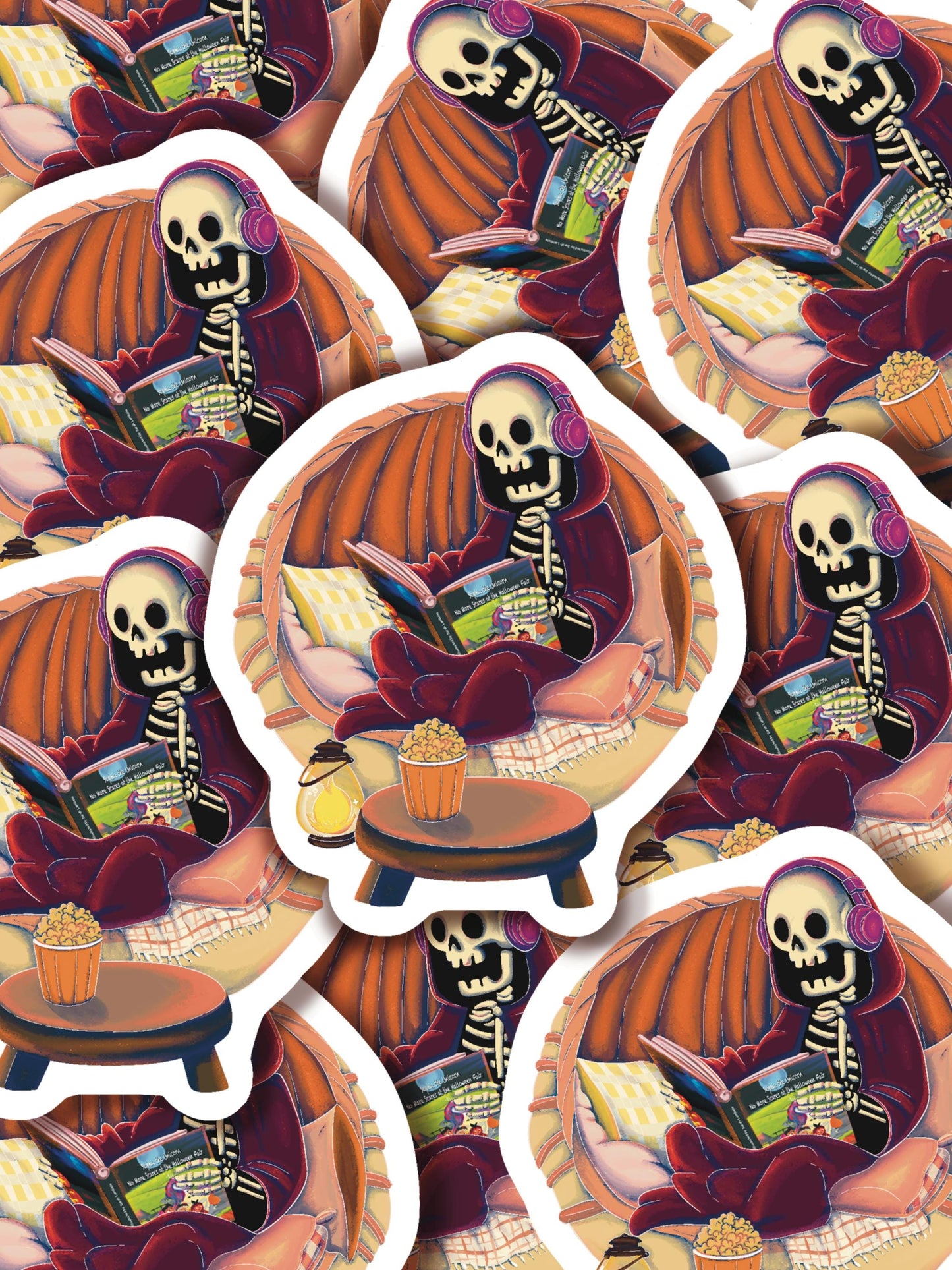 Skeleton Reading Book Sticker: Gothic Halloween Laptop Decal