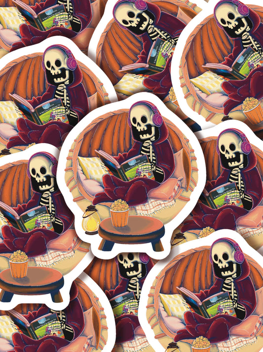 Skeleton Reading Book Sticker: Gothic Halloween Laptop Decal