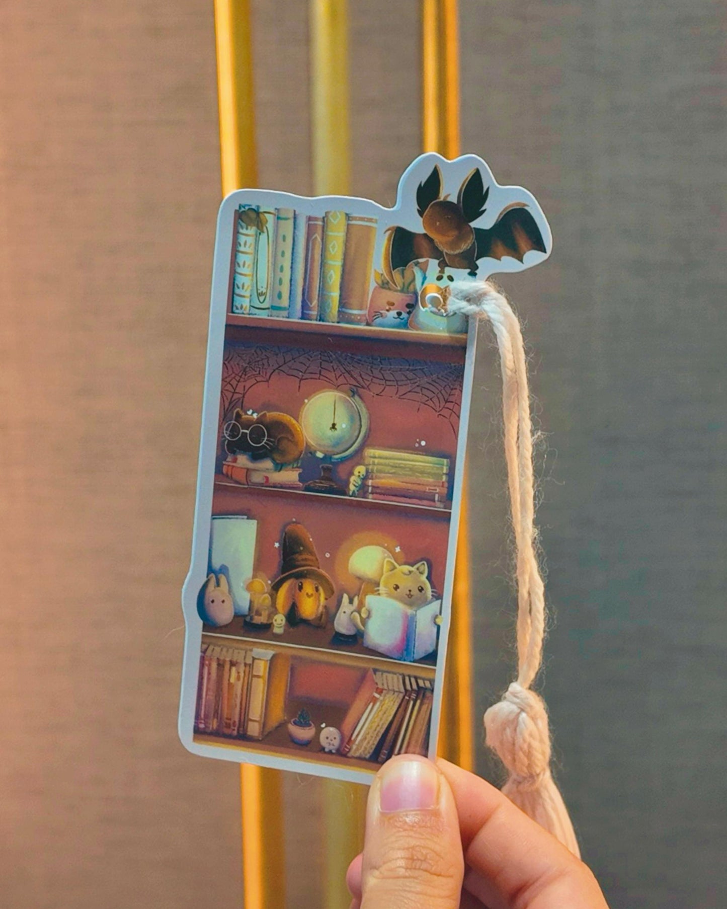 Handmade Halloween Bookmark: Black Cat on Bookshelf with Lamps, Plants, Spider Web, Bat