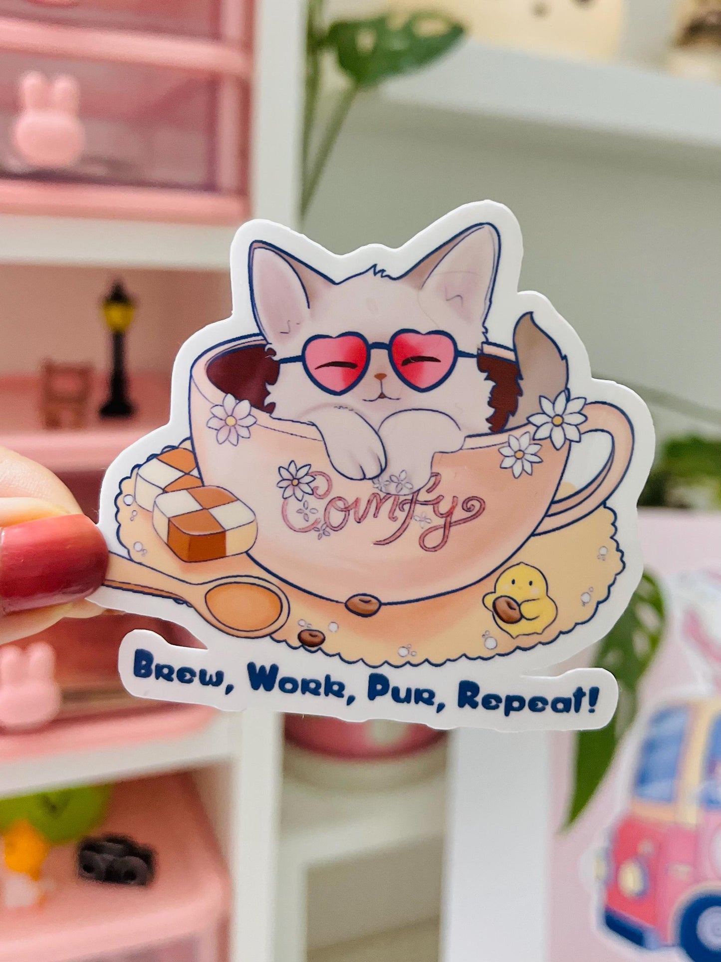 Cat in Teacup Vinyl Sticker: Brew Work Pur Repeat - Cozy Tea Lover Gift