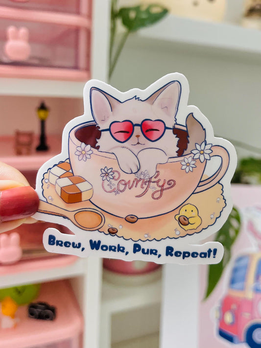 Cat in Teacup Vinyl Sticker: Brew Work Pur Repeat - Cozy Tea Lover Gift