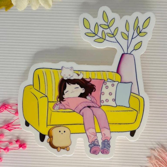 Kawaii Girl and Cat Nap Sticker - Cozy Laptop Journal Vinyl Decal
