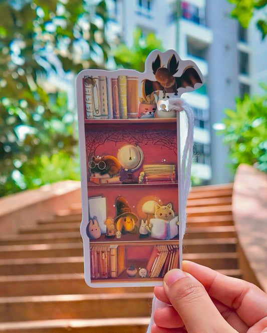 Handmade Halloween Bookmark: Black Cat on Bookshelf with Lamps, Plants, Spider Web, Bat