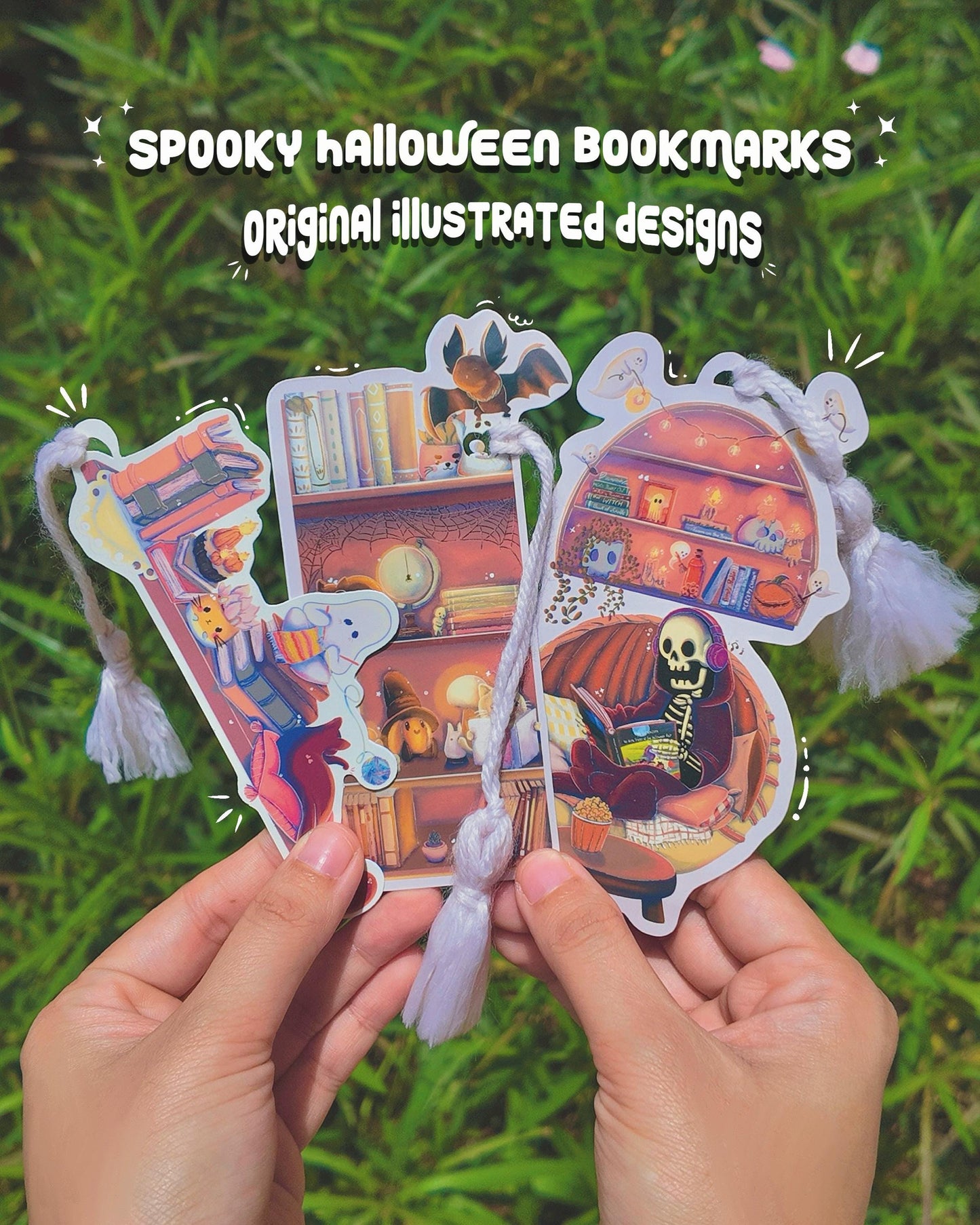 Handmade Gothic Bookmark Set | Halloween Illustration, 3 Pack Laminated with Tassels