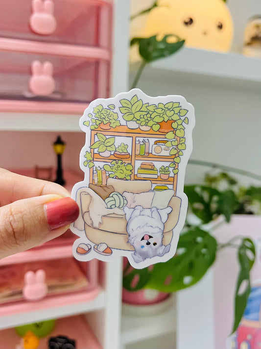 Cottagecore Dog Sticker: Cozy Puppy, Plants & Bookshelf