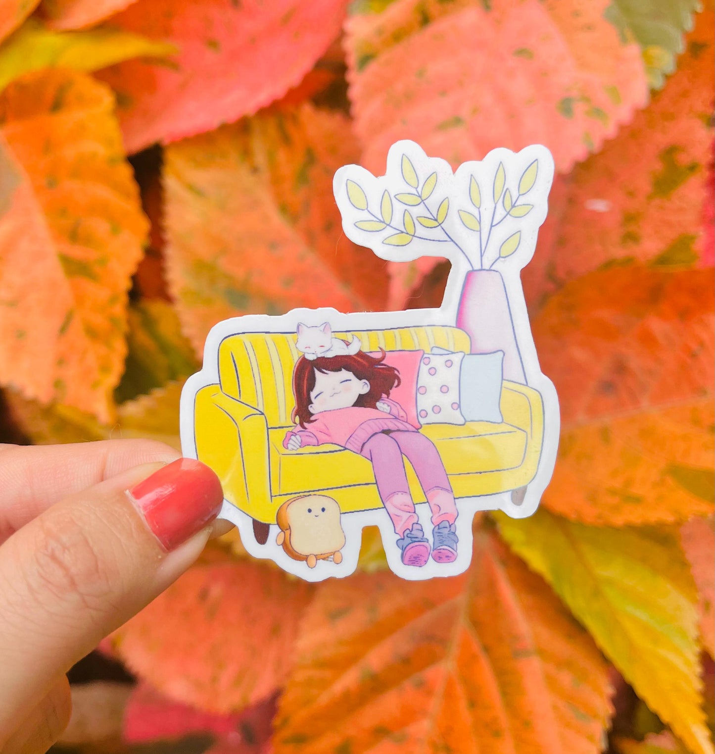 Kawaii Girl and Cat Nap Sticker - Cozy Laptop Journal Vinyl Decal