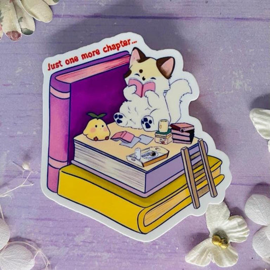 Bookish Cat Vinyl Sticker: "Just One More Chapter" - Laptop, Journal