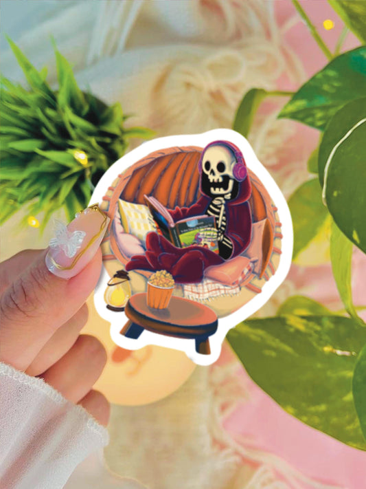 Skeleton Reading Book Sticker: Gothic Halloween Laptop Decal