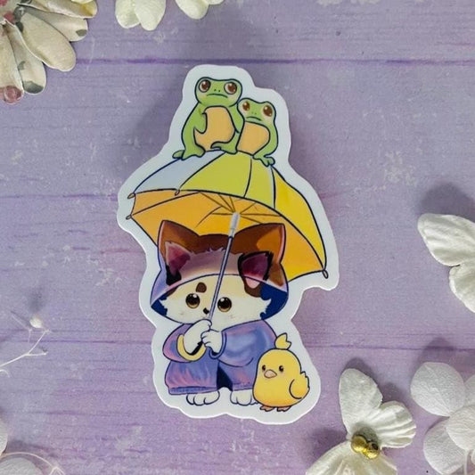 Rainy Day Cat Sticker: Kawaii Waterproof Vinyl Decal