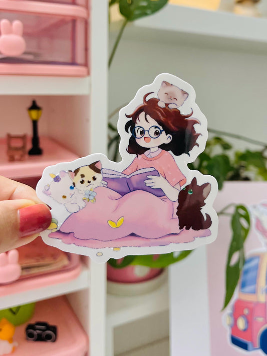 Crazy Cat Lady Sticker – Bookish Girl with Cats Vinyl Sticker – Handmade Self-Care Aesthetic – Freebies Included!