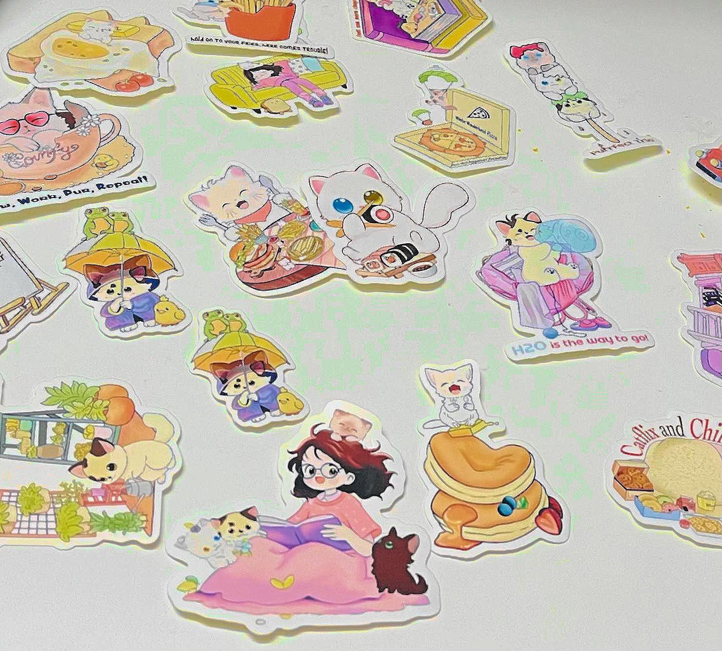 Happy Cat Cafe Food Sticker | Cute Kawaii Cat Eating Burger Fries Dessert | Waterproof Vinyl Sticker for Journaling, Laptop | Foodie Sticker