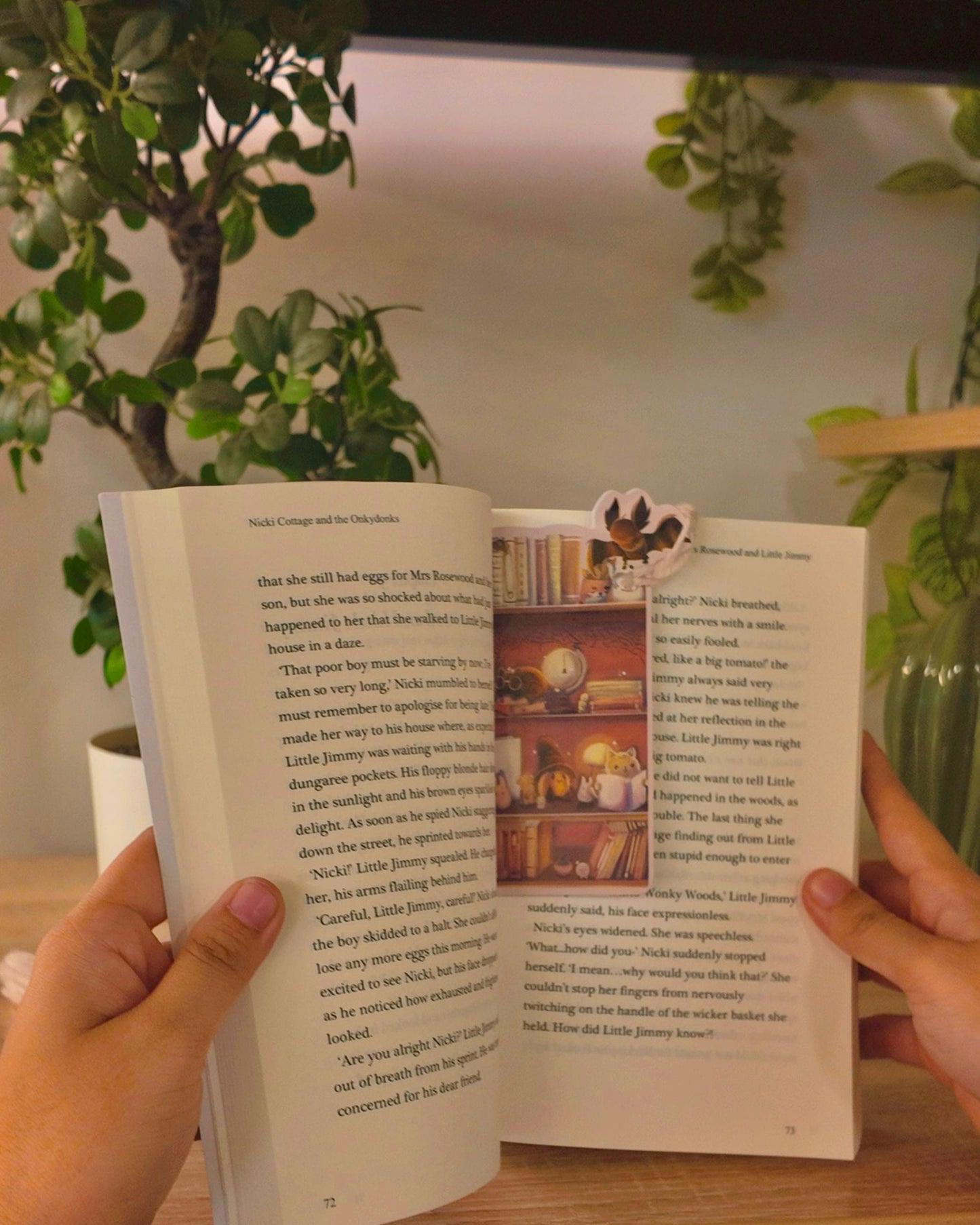 Handmade Halloween Bookmark: Black Cat on Bookshelf with Lamps, Plants, Spider Web, Bat