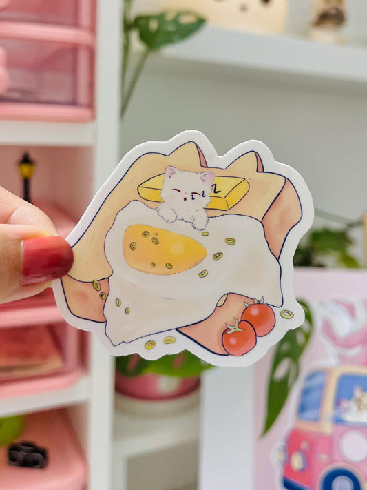 Cute Cat on Toast Sticker – Laminated Waterproof Kawaii Breakfast Food Sticker – Hand Drawn Cat Lover Gift