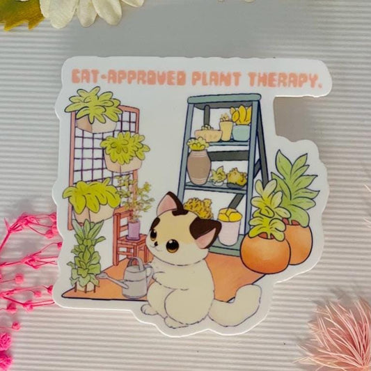 Cat-Approved Plant Therapy Sticker – Cute Cat & Houseplants Vinyl Sticker – Cozy Greenery Aesthetic –  Freebies Included