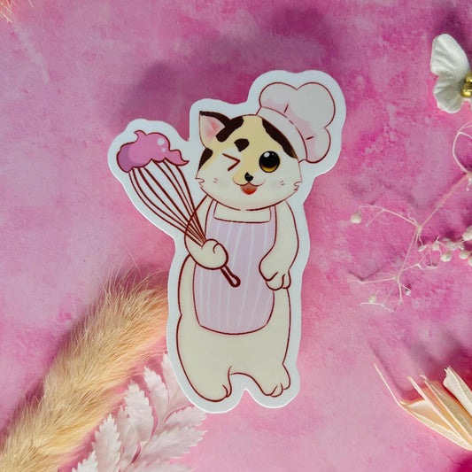 Chef Cat Sticker | Cute Cat Wearing Chef Hat & Whisk | Illustrated Vinyl Sticker for Journals, Laptops, Water Bottles