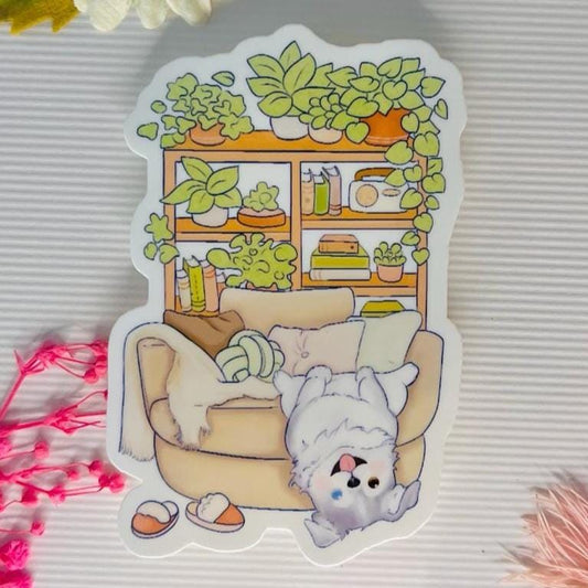 Cottagecore Dog Sticker: Cozy Puppy, Plants & Bookshelf