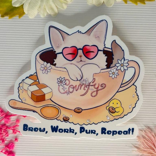 Cat in Teacup Vinyl Sticker: Brew Work Pur Repeat - Cozy Tea Lover Gift
