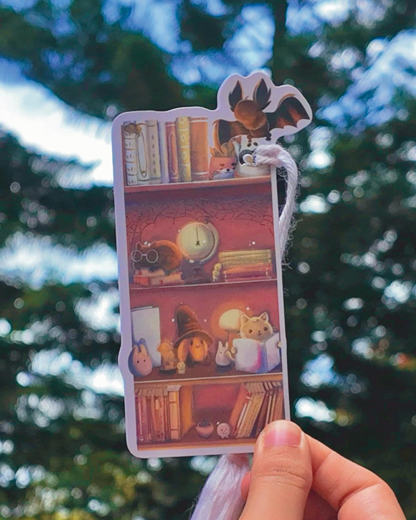 Handmade Halloween Bookmark: Black Cat on Bookshelf with Lamps, Plants, Spider Web, Bat