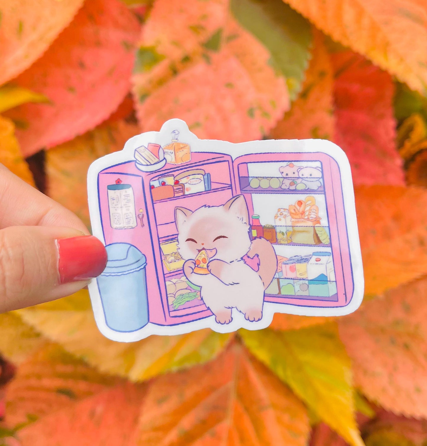 Cute Midnight Snack Cat Vinyl Sticker – Kawaii Fridge Cat Sticker – Foodie Cat Sticker for Laptop, Journal,  Bottle – Funny Cat Lovers Gift