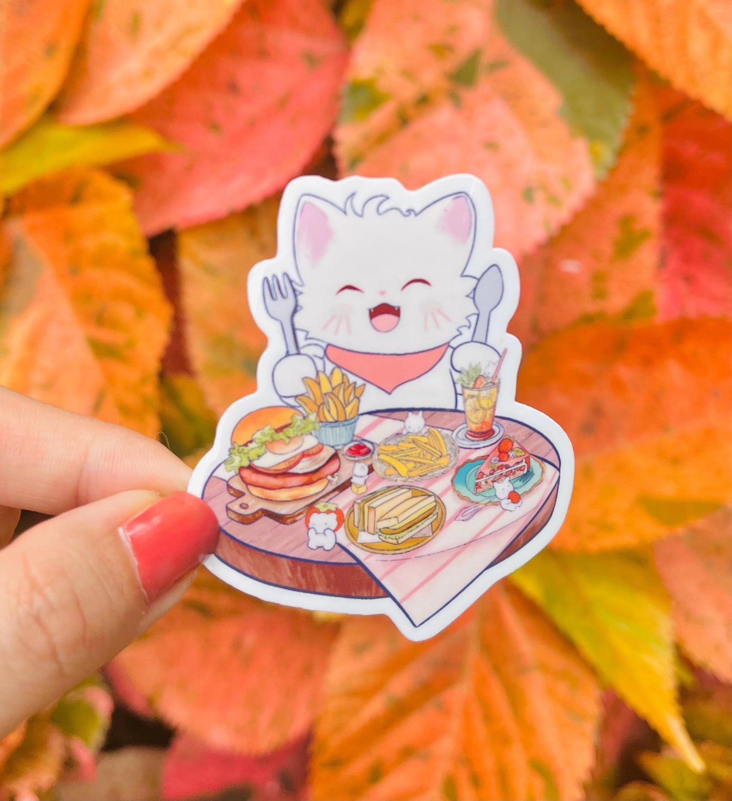 Happy Cat Cafe Food Sticker | Cute Kawaii Cat Eating Burger Fries Dessert | Waterproof Vinyl Sticker for Journaling, Laptop | Foodie Sticker