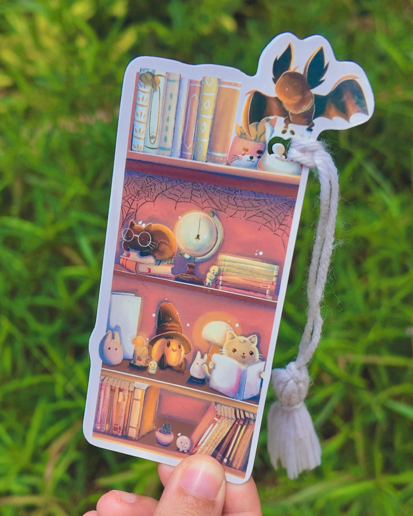 Handmade Halloween Bookmark: Black Cat on Bookshelf with Lamps, Plants, Spider Web, Bat