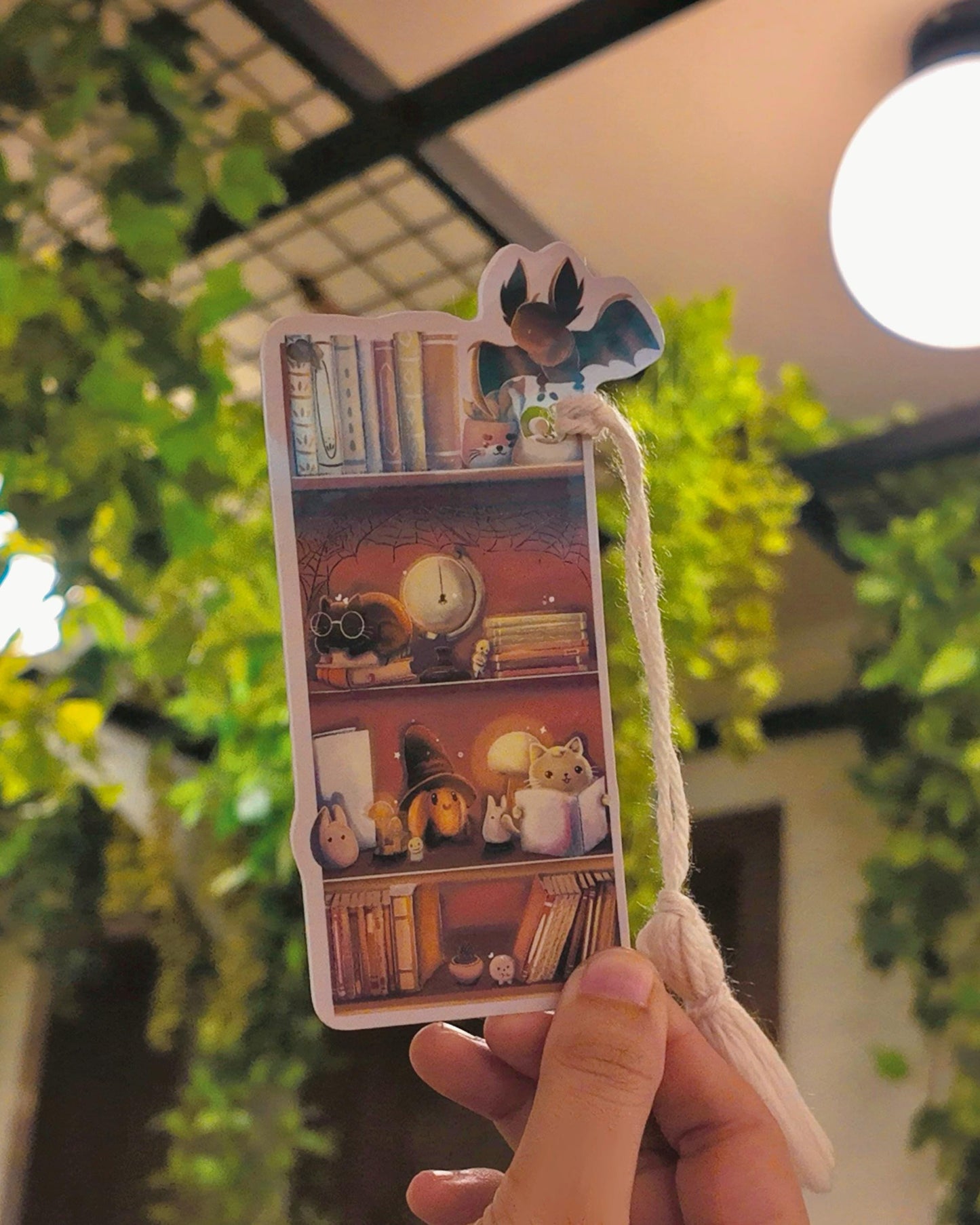 Handmade Halloween Bookmark: Black Cat on Bookshelf with Lamps, Plants, Spider Web, Bat