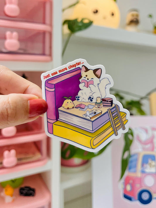 Bookish Cat Vinyl Sticker: "Just One More Chapter" - Laptop, Journal