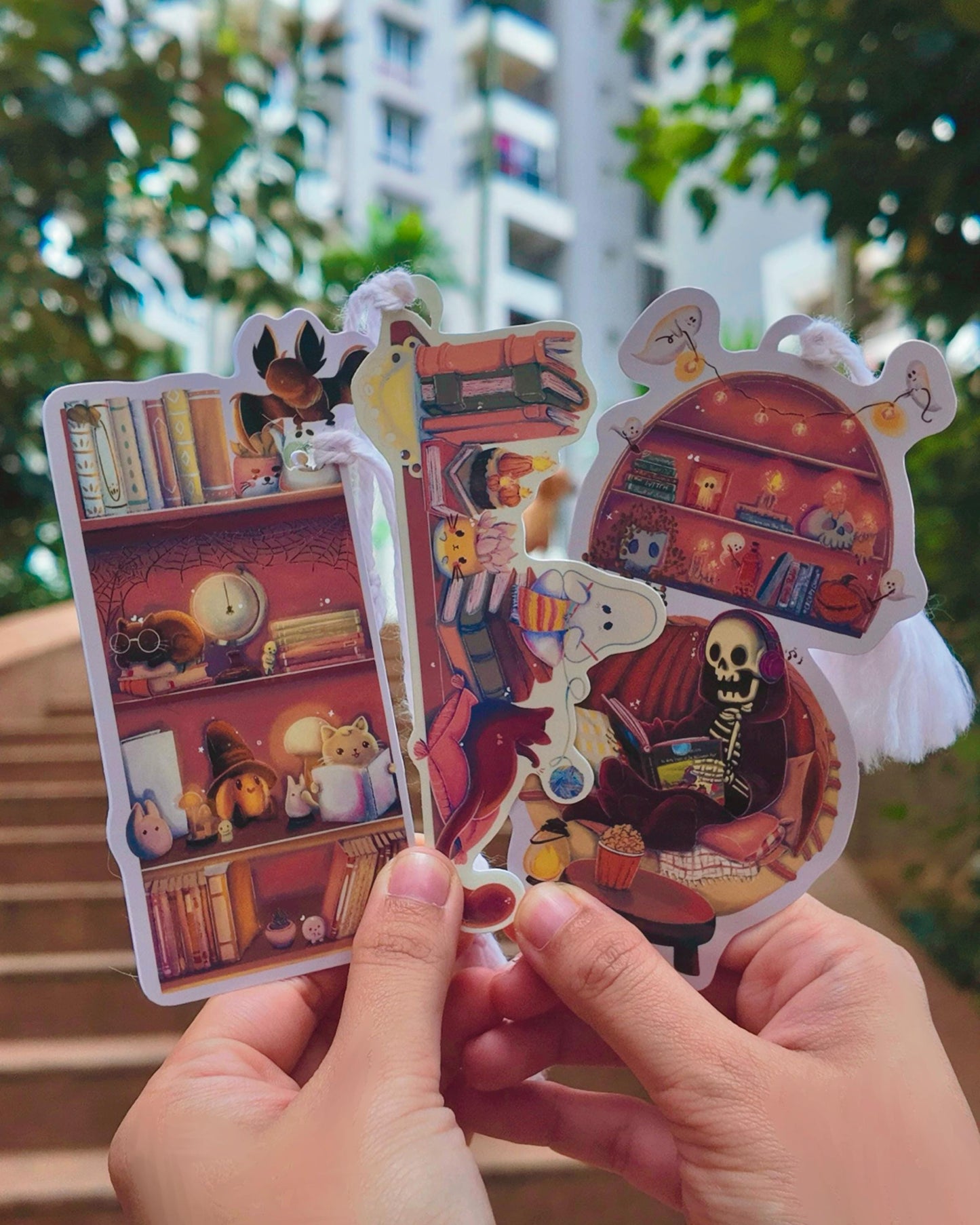 Handmade Gothic Bookmark Set | Halloween Illustration, 3 Pack Laminated with Tassels