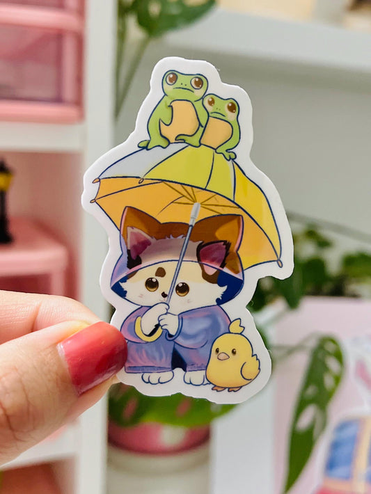 Rainy Day Cat Sticker: Kawaii Waterproof Vinyl Decal
