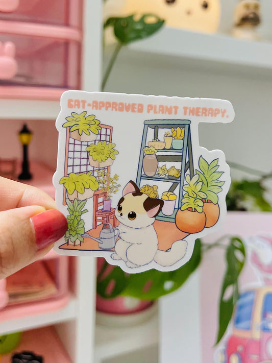 Cat-Approved Plant Therapy Sticker – Cute Cat & Houseplants Vinyl Sticker – Cozy Greenery Aesthetic –  Freebies Included