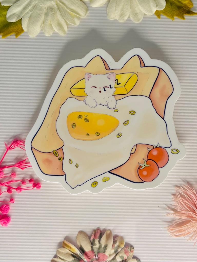 Cute Cat on Toast Sticker – Laminated Waterproof Kawaii Breakfast Food Sticker – Hand Drawn Cat Lover Gift