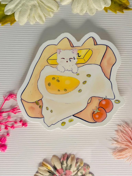 Cute Cat on Toast Sticker – Laminated Waterproof Kawaii Breakfast Food Sticker – Hand Drawn Cat Lover Gift