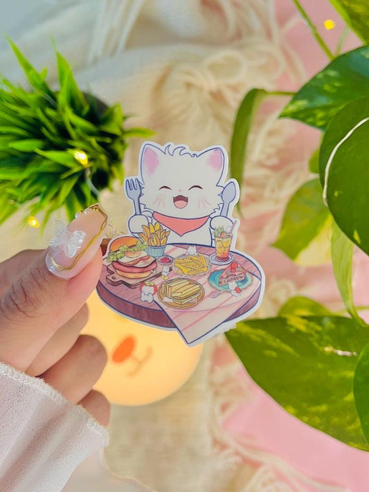 Happy Cat Cafe Food Sticker | Cute Kawaii Cat Eating Burger Fries Dessert | Waterproof Vinyl Sticker for Journaling, Laptop | Foodie Sticker
