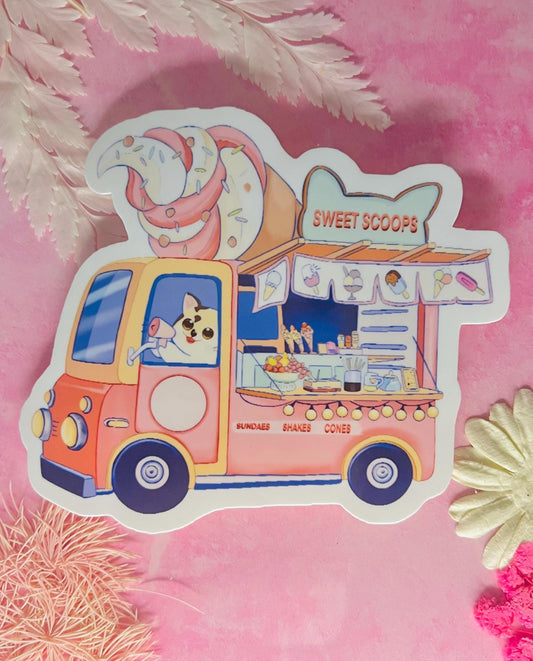 Kawaii Cat Dessert Truck Sticker | Cute Ice Cream Vinyl Sticker for Journals, Planners, Scrapbooking, Laptop, Water Bottle (4 inch)