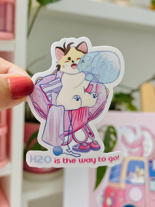 Hydration Cat Sticker | H20 Is the Way to Go Vinyl Sticker | Cute Water Reminder for Journals, Bottles, Planners | Handmade & Freebies