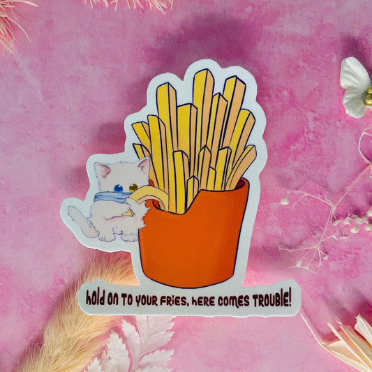 Funny Cat Sticker Stealing Fries – Cute Foodie Vinyl Sticker for Laptop, Journal, Water Bottle – Kawaii Cat Lover Gift