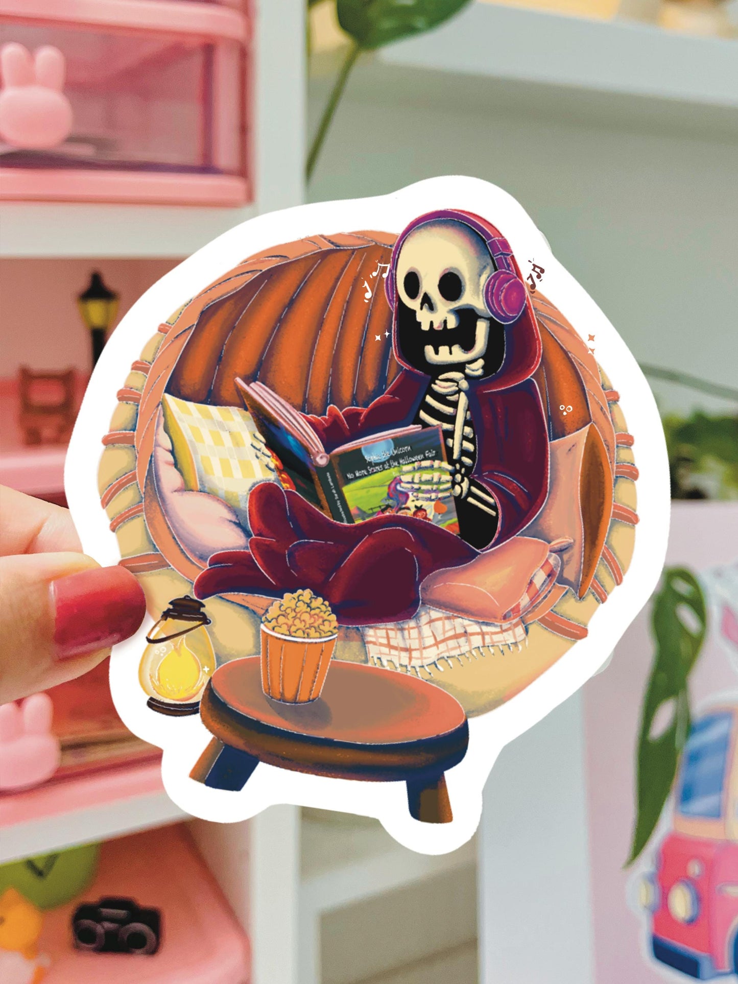 Skeleton Reading Book Sticker: Gothic Halloween Laptop Decal