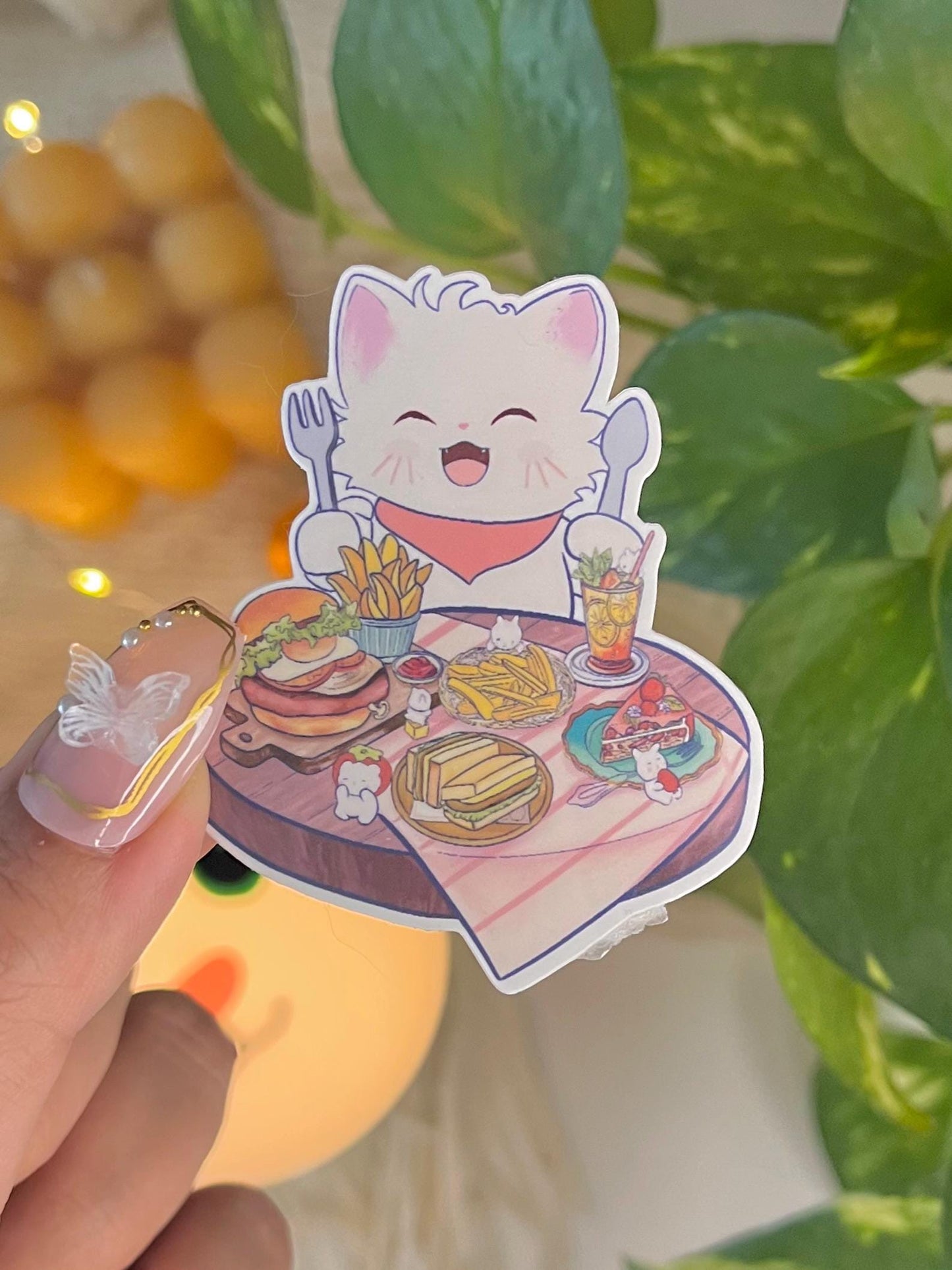 Happy Cat Cafe Food Sticker | Cute Kawaii Cat Eating Burger Fries Dessert | Waterproof Vinyl Sticker for Journaling, Laptop | Foodie Sticker