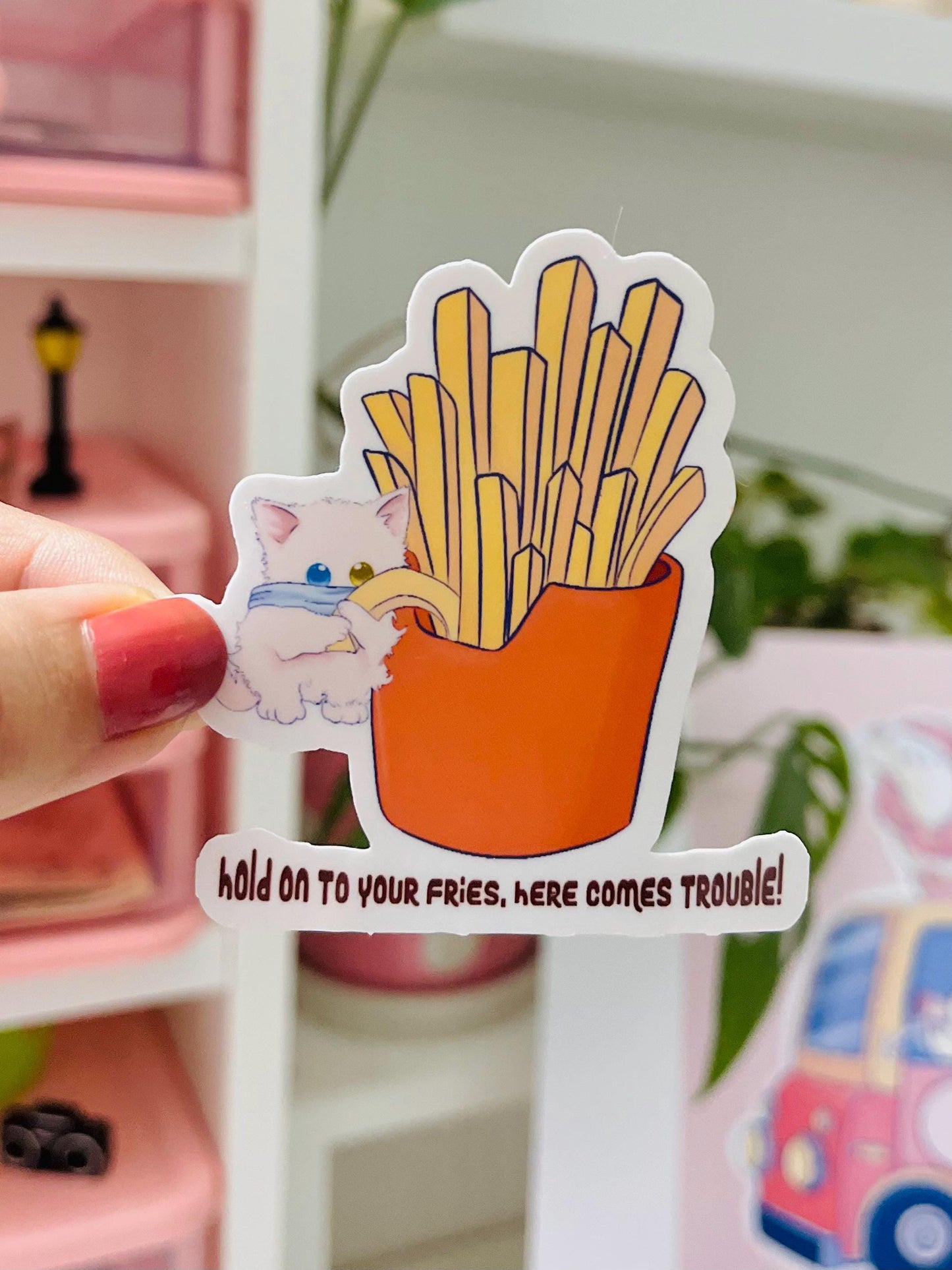 Funny Cat Sticker Stealing Fries – Cute Foodie Vinyl Sticker for Laptop, Journal, Water Bottle – Kawaii Cat Lover Gift