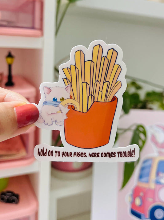 Funny Cat Sticker Stealing Fries – Cute Foodie Vinyl Sticker for Laptop, Journal, Water Bottle – Kawaii Cat Lover Gift