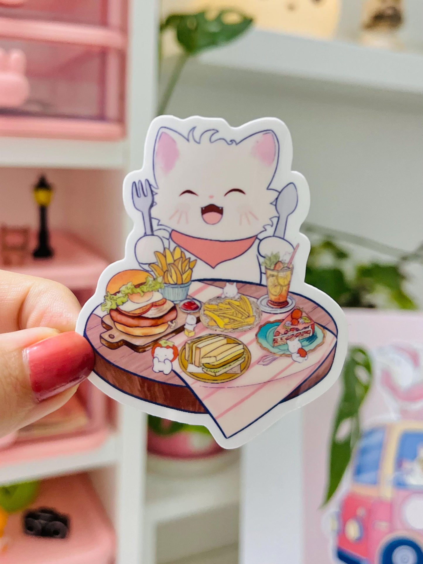 Happy Cat Cafe Food Sticker | Cute Kawaii Cat Eating Burger Fries Dessert | Waterproof Vinyl Sticker for Journaling, Laptop | Foodie Sticker