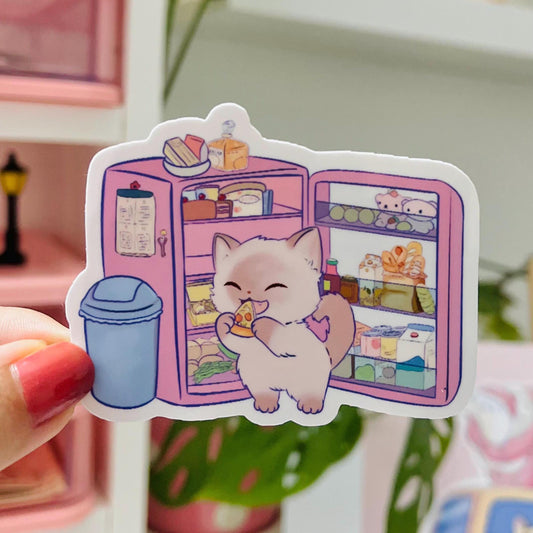Cute Midnight Snack Cat Vinyl Sticker – Kawaii Fridge Cat Sticker – Foodie Cat Sticker for Laptop, Journal,  Bottle – Funny Cat Lovers Gift