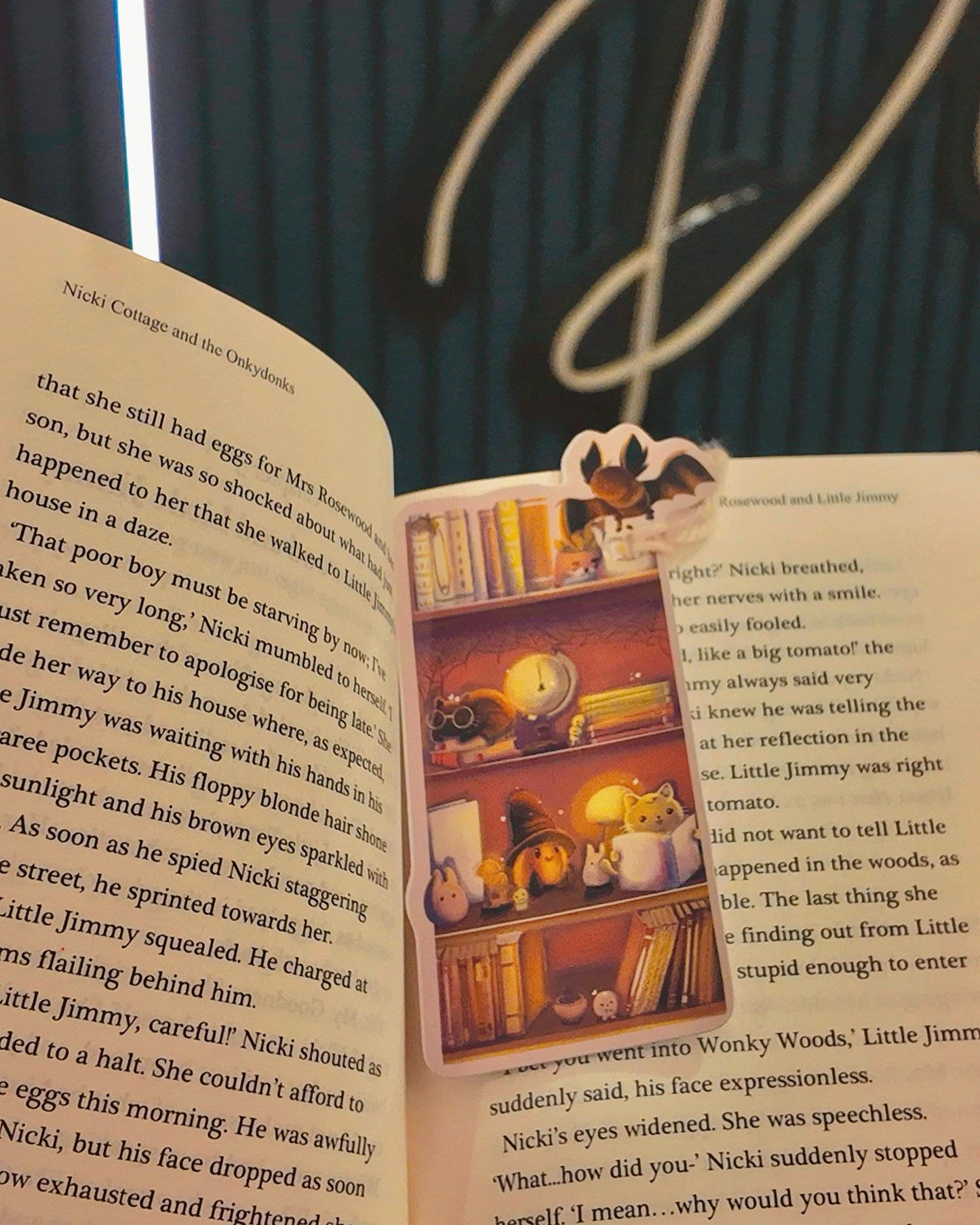 Handmade Halloween Bookmark: Black Cat on Bookshelf with Lamps, Plants, Spider Web, Bat