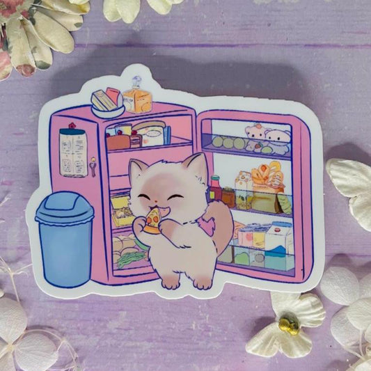 Cute Midnight Snack Cat Vinyl Sticker – Kawaii Fridge Cat Sticker – Foodie Cat Sticker for Laptop, Journal,  Bottle – Funny Cat Lovers Gift