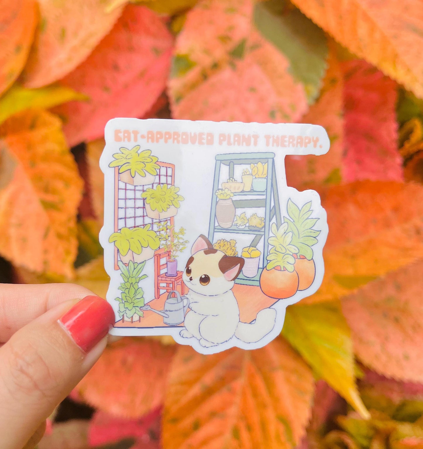 Cat-Approved Plant Therapy Sticker – Cute Cat & Houseplants Vinyl Sticker – Cozy Greenery Aesthetic –  Freebies Included